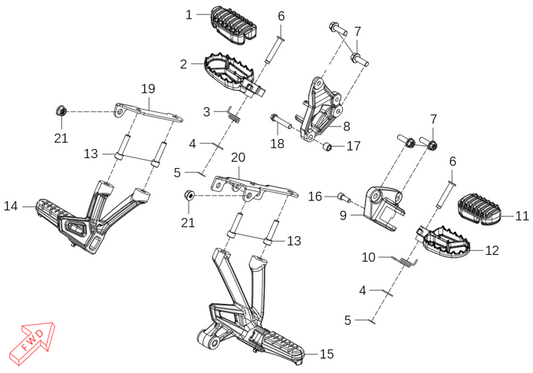 Kove 625X footrests parts diagram