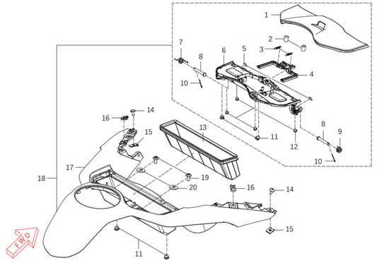 Kove 625X fuel tank storage box parts diagram