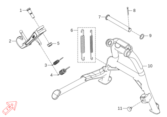 Kove 625X central and side stand parts diagram