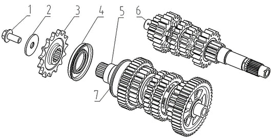 Kove 625X main and counter shaft parts diagram
