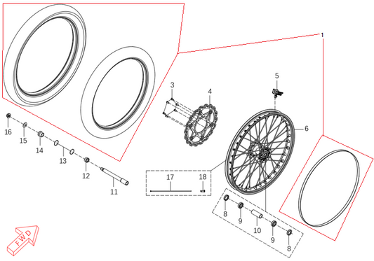 Kove MX250 front wheel assembly parts diagram