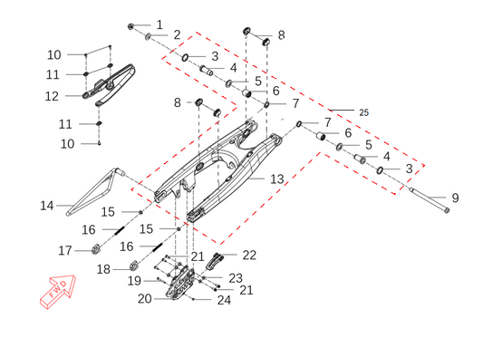 Kove MX450 swing-arm parts diagram
