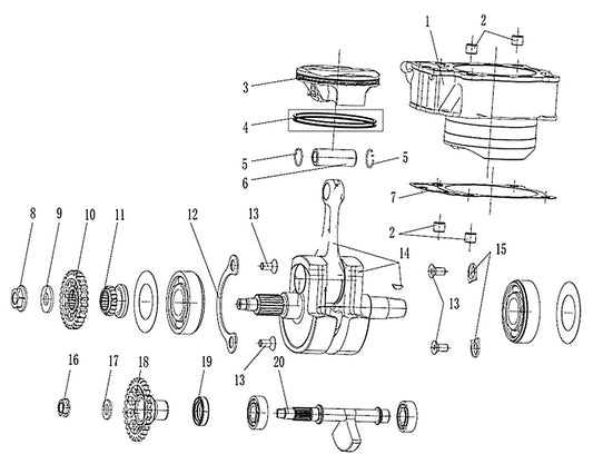 Kove MX450 crankshaft and piston parts diagram